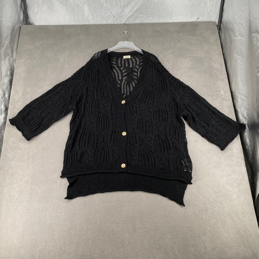 POL Black Open Knit Cardigan Oversized V-Neck Button Front Sweater FSC28 Small